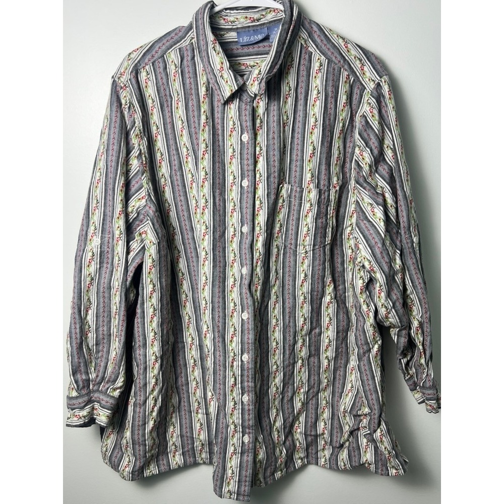 VTG Button Down Shirt 3X Gray Floral Stripe Cotton Long Sleeve Grannycore Indie